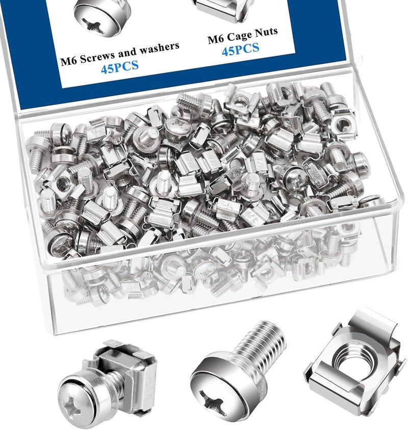 Sunxeke 45 Pack M6 x 16mm Rack Mount Screws,Cage Nuts for Rack Mount Server Shelves,Routers,Rack Mount Server Cabinet.Server Rack Screws,Square Insert Nuts and Washers with Box(Silver) - Image 1